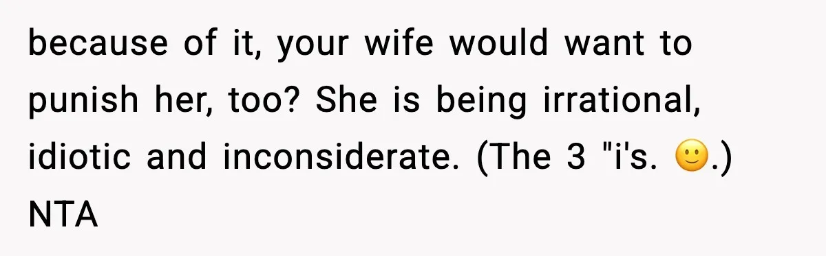Dad Refuses To Punish Son For Refusing To Do His Presentation, Now His Ex Is Mad because of it, your wife would want to punish her, too? She is being irrational, idiotic and inconsiderate. (The 3 "i's. 🙂.) NTA
