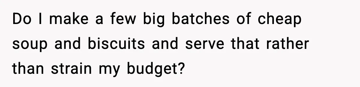 Do I make a few big batches of cheap soup and biscuits and serve that rather than strain my budget?