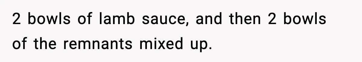 2 bowls of lamb sauce, and then 2 bowls of the remnants mixed up.