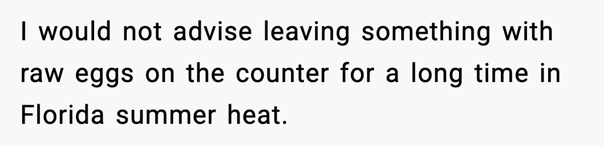 I would not advise leaving something with raw eggs on the counter for a long time in Florida summer heat.