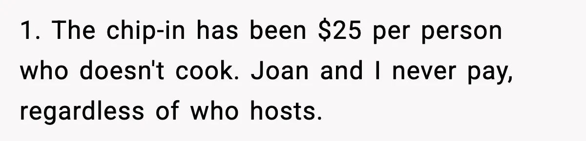 1. The chip-in has been $25 per person who doesn't cook. Joan and I never pay, regardless of who hosts.