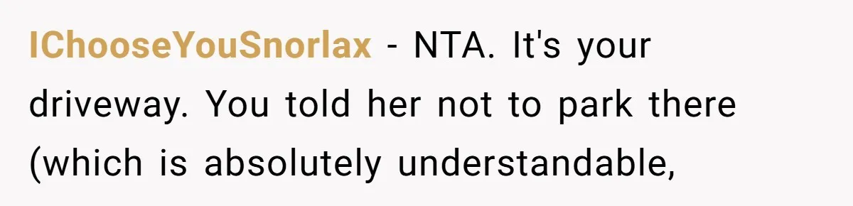 IChooseYouSnorlax − NTA. It's your driveway. You told her not to park there (which is absolutely understandable,