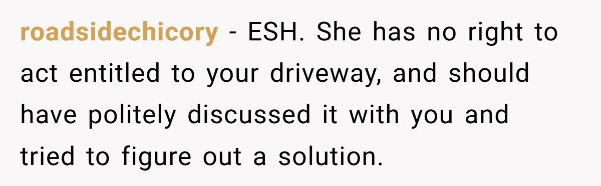roadsidechicory − ESH. She has no right to act entitled to your driveway, and should have politely discussed it with you and tried to figure out a solution.