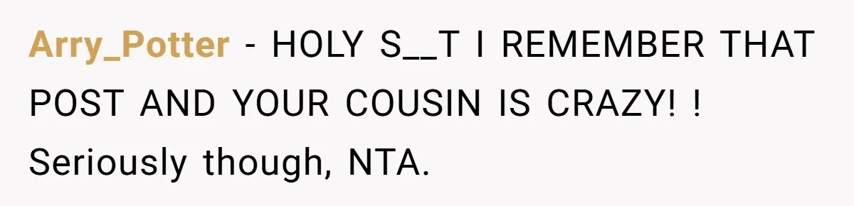 Arry_Potter − HOLY S__T I REMEMBER THAT POST AND YOUR COUSIN IS CRAZY! ! Seriously though, NTA.
