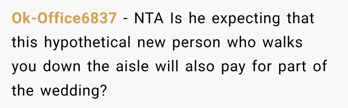 Ok-Office6837 − NTA Is he expecting that this hypothetical new person who walks you down the aisle will also pay for part of the wedding?