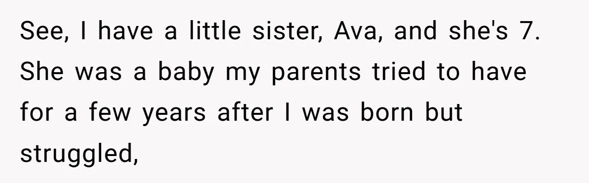 Teen Tells Parents Sister Isn’t His World, Family Drama Explodes See, I have a little sister, Ava, and she's 7. She was a baby my parents tried to have for a few years after I was born but struggled,