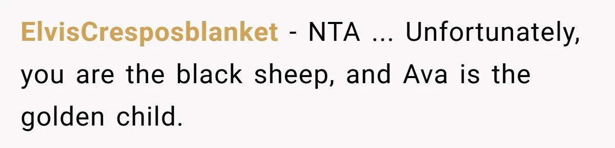 Teen Tells Parents Sister Isn’t His World, Family Drama Explodes ElvisCresposblanket − NTA ... Unfortunately, you are the black sheep, and Ava is the golden child.