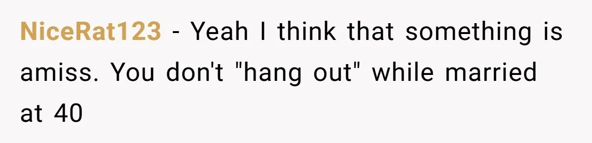 Man Trusts Wife Until She Spends The Night With Her Ex And Calls It No Big Deal NiceRat123 − Yeah I think that something is amiss. You don't "hang out" while married at 40