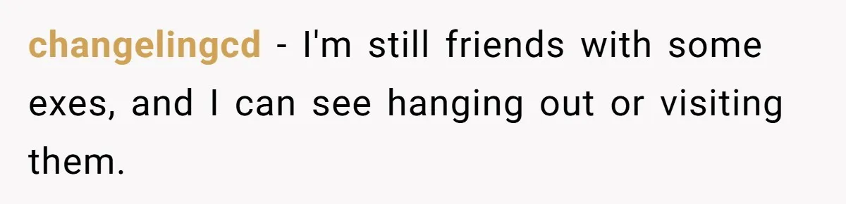 Man Trusts Wife Until She Spends The Night With Her Ex And Calls It No Big Deal changelingcd − I'm still friends with some exes, and I can see hanging out or visiting them.