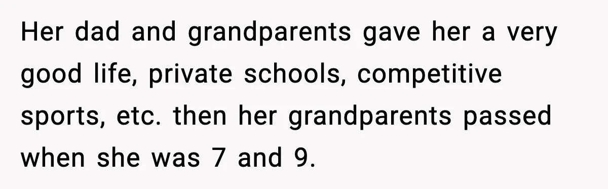 Dad Abandoned Daughter, Then Demanded Updates When She Got Sick Her dad and grandparents gave her a very good life, private schools, competitive sports, etc. then her grandparents passed when she was 7 and 9.
