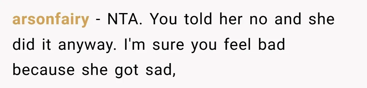 arsonfairy − NTA. You told her no and she did it anyway. I'm sure you feel bad because she got sad,