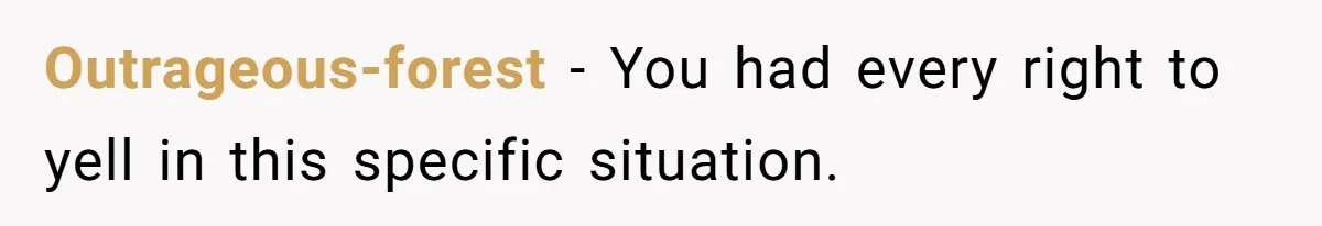 Outrageous-forest − You had every right to yell in this specific situation.