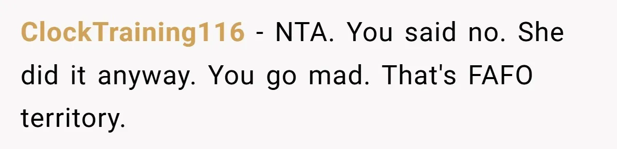ClockTraining116 − NTA. You said no. She did it anyway. You go mad. That's FAFO territory.