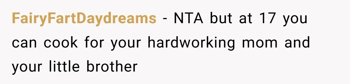 FairyFartDaydreams − NTA but at 17 you can cook for your hardworking mom and your little brother