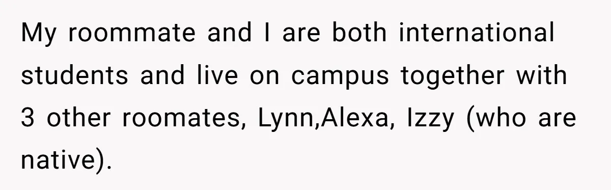 My Roommates Think I Am in the Wrong for Trying to Report My Stolen Passport My roommate and I are both international students and live on campus together with 3 other roomates, Lynn,Alexa, Izzy (who are native).