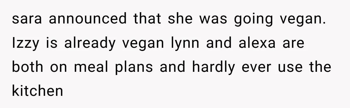 My Roommates Think I Am in the Wrong for Trying to Report My Stolen Passport sara announced that she was going vegan. Izzy is already vegan lynn and alexa are both on meal plans and hardly ever use the kitchen