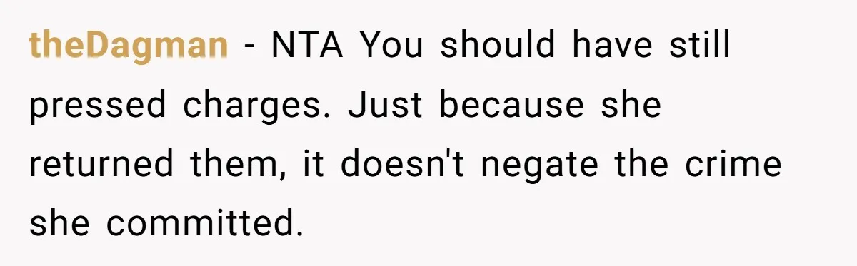 My Roommates Think I Am in the Wrong for Trying to Report My Stolen Passport theDagman − NTA You should have still pressed charges. Just because she returned them, it doesn't negate the crime she committed.