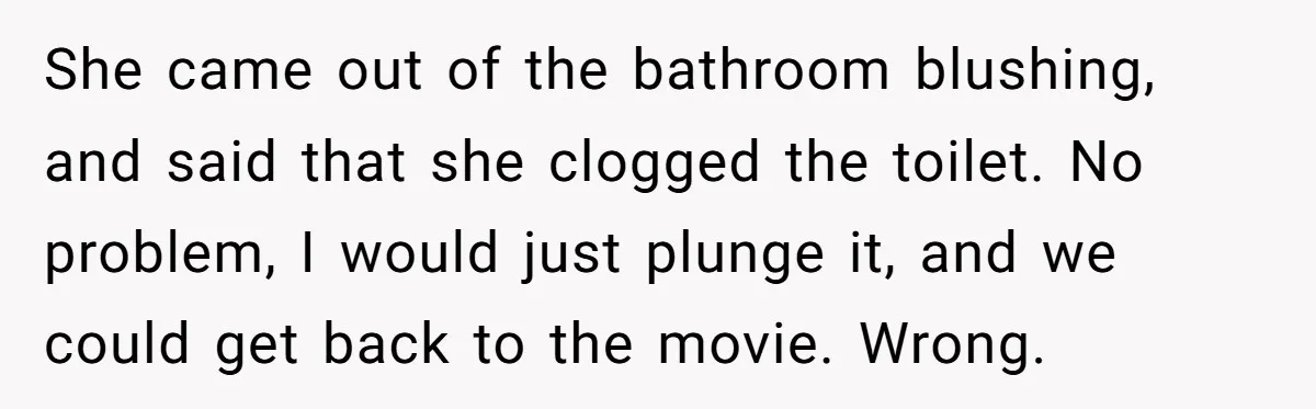 She came out of the bathroom blushing, and said that she clogged the toilet. No problem, I would just plunge it, and we could get back to the movie. Wrong.
