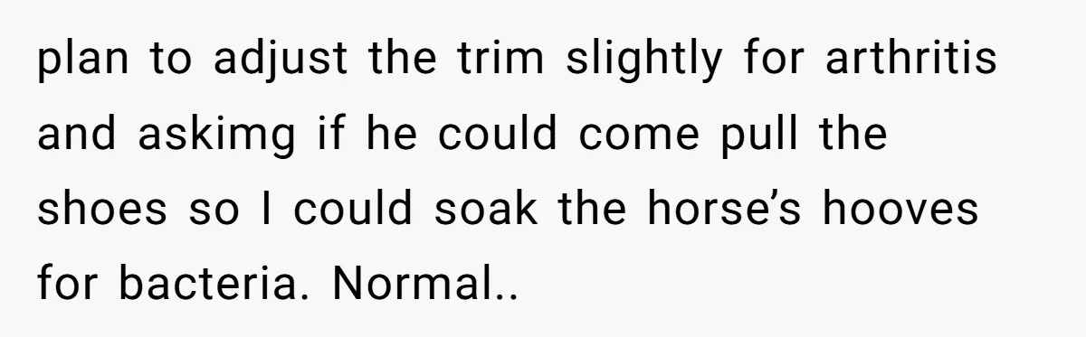Ghosting, Blocking, and Unhinged Texts: A Farrier’s Exit Left This Horse Owner Completely Confused plan to adjust the trim slightly for arthritis and askimg if he could come pull the shoes so I could soak the horse’s hooves for bacteria. Normal..