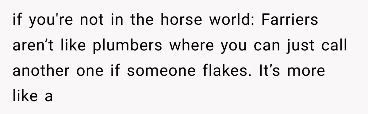 Ghosting, Blocking, and Unhinged Texts: A Farrier’s Exit Left This Horse Owner Completely Confused if you're not in the horse world: Farriers aren’t like plumbers where you can just call another one if someone flakes. It’s more like a