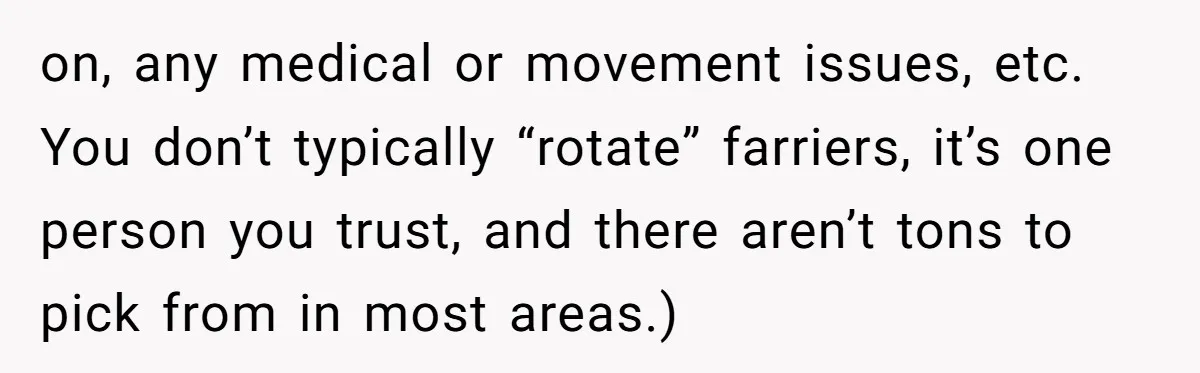 Ghosting, Blocking, and Unhinged Texts: A Farrier’s Exit Left This Horse Owner Completely Confused on, any medical or movement issues, etc. You don’t typically “rotate” farriers, it’s one person you trust, and there aren’t tons to pick from in most areas.)