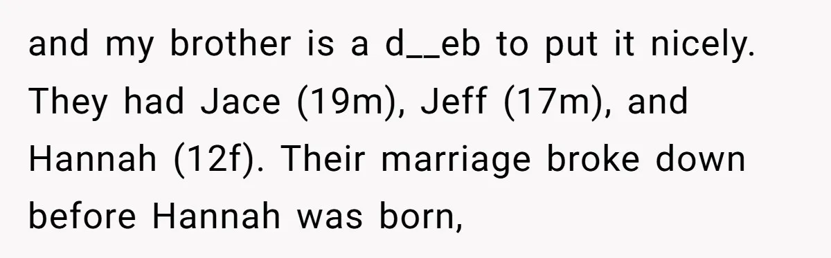 The Annual Trip That Started a War: Why This Aunt Stands Her Ground and my brother is a d__eb to put it nicely. They had Jace (19m), Jeff (17m), and Hannah (12f). Their marriage broke down before Hannah was born,