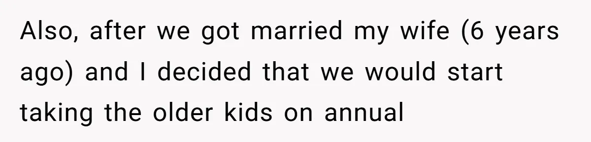 The Annual Trip That Started a War: Why This Aunt Stands Her Ground Also, after we got married my wife (6 years ago) and I decided that we would start taking the older kids on annual