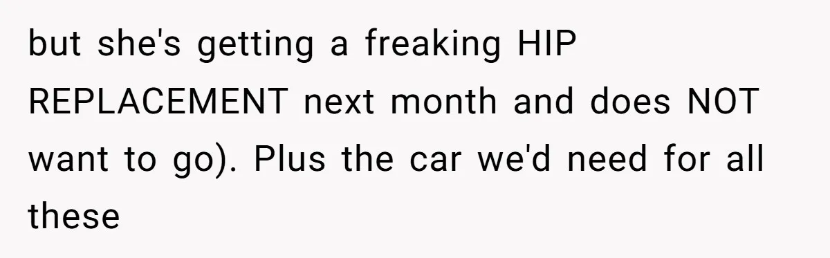 The Annual Trip That Started a War: Why This Aunt Stands Her Ground but she's getting a freaking HIP REPLACEMENT next month and does NOT want to go). Plus the car we'd need for all these