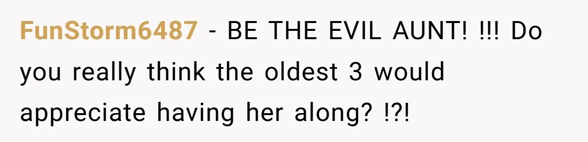 The Annual Trip That Started a War: Why This Aunt Stands Her Ground FunStorm6487 − BE THE EVIL AUNT! !!! Do you really think the oldest 3 would appreciate having her along? !?!