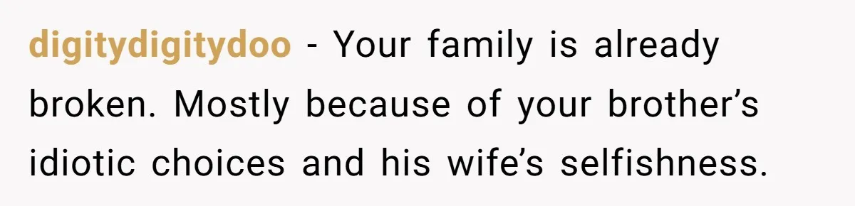 The Annual Trip That Started a War: Why This Aunt Stands Her Ground digitydigitydoo − Your family is already broken. Mostly because of your brother’s idiotic choices and his wife’s selfishness.