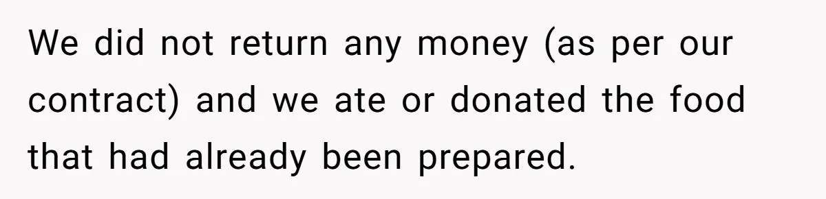 We did not return any money (as per our contract) and we ate or donated the food that had already been prepared.
