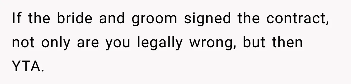 If the bride and groom signed the contract, not only are you legally wrong, but then YTA.