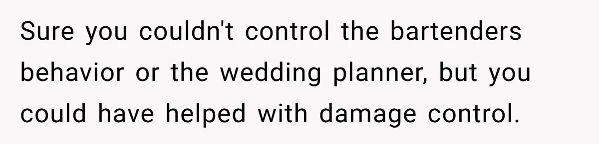Sure you couldn't control the bartenders behavior or the wedding planner, but you could have helped with damage control.