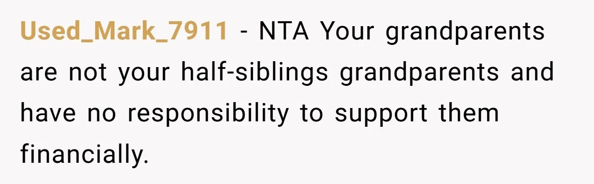 Teen Sides With Grandparents As Mother Sues Over College Funds For Half Sibling Used_Mark_7911 − NTA Your grandparents are not your half-siblings grandparents and have no responsibility to support them financially.