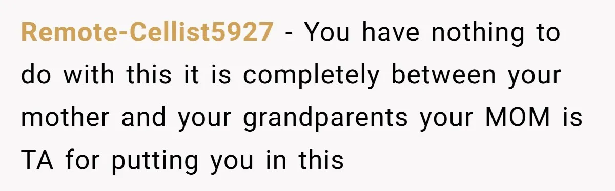 Teen Sides With Grandparents As Mother Sues Over College Funds For Half Sibling Remote-Cellist5927 − You have nothing to do with this it is completely between your mother and your grandparents your MOM is TA for putting you in this