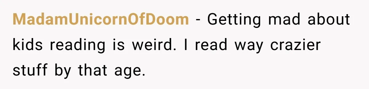 Woman Gets Yelled At For Letting Her 14-Year-Old Cousin Read A ‘Too Inappropriate’ Book MadamUnicornOfDoom − Getting mad about kids reading is weird. I read way crazier stuff by that age.