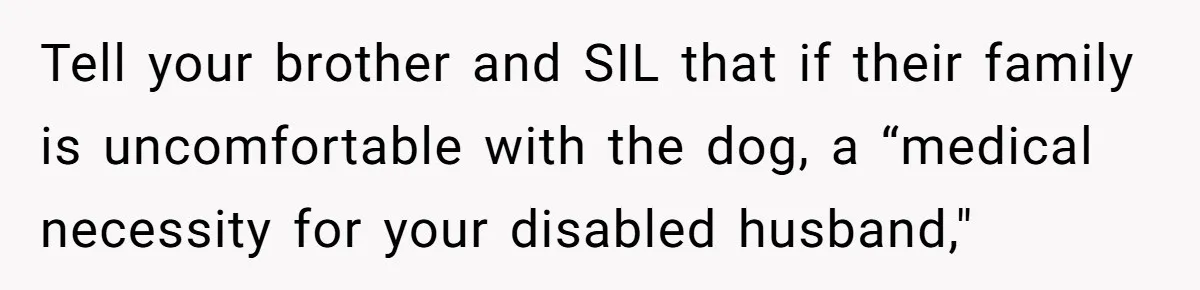 Woman Shuts Down Family’s Request To Remove Service Dog, Gets Accused Of Being Selfish Tell your brother and SIL that if their family is uncomfortable with the dog, a “medical necessity for your disabled husband,"