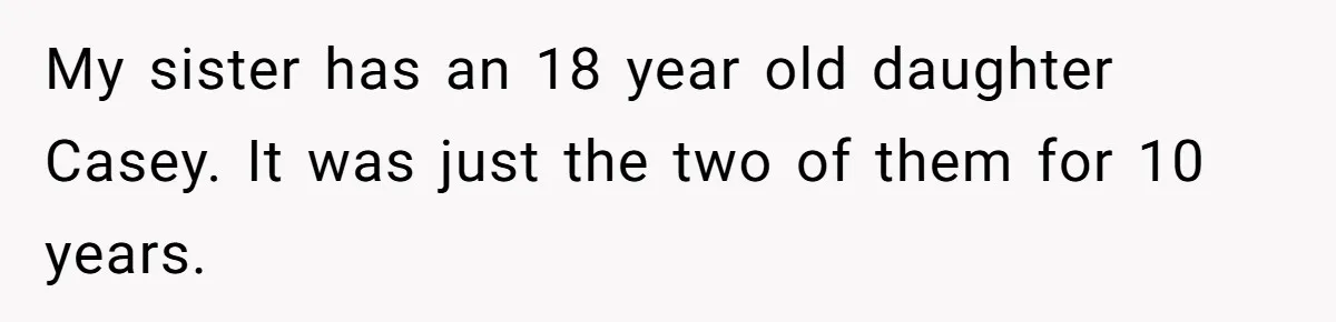 My sister has an 18 year old daughter Casey. It was just the two of them for 10 years.