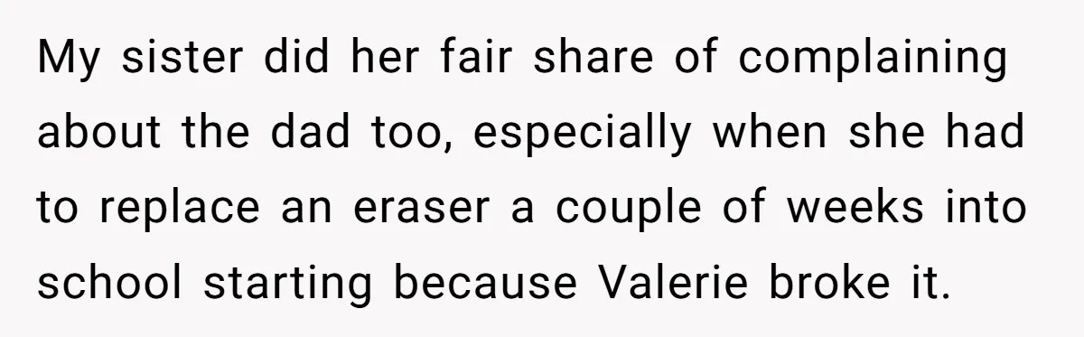My sister did her fair share of complaining about the dad too, especially when she had to replace an eraser a couple of weeks into school starting because Valerie broke...