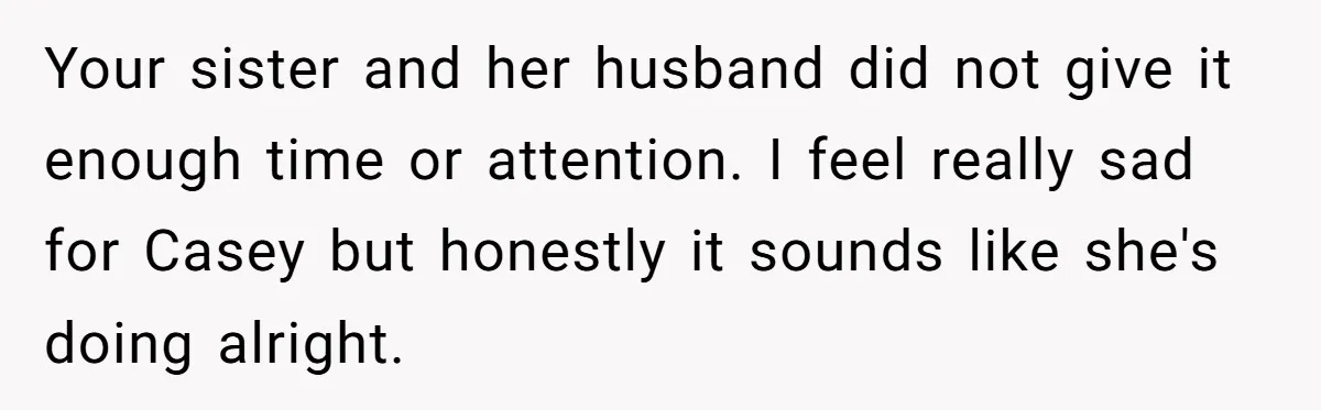 Your sister and her husband did not give it enough time or attention. I feel really sad for Casey but honestly it sounds like she's doing alright.