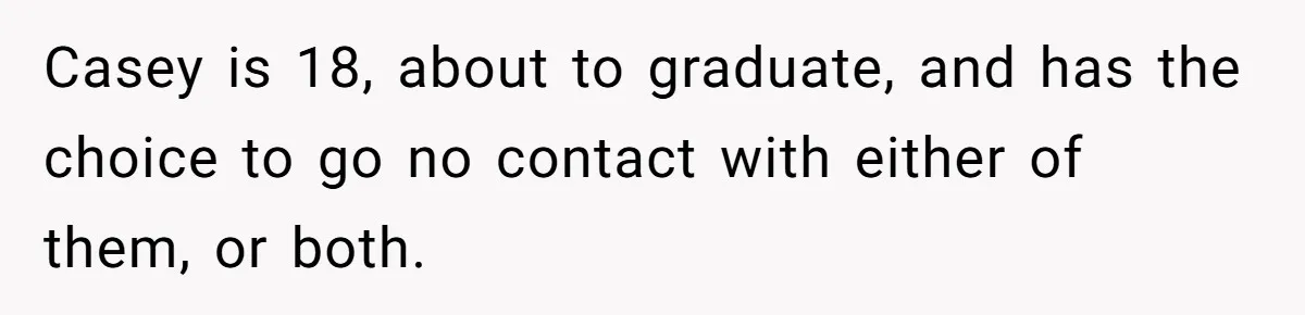 Casey is 18, about to graduate, and has the choice to go no contact with either of them, or both.