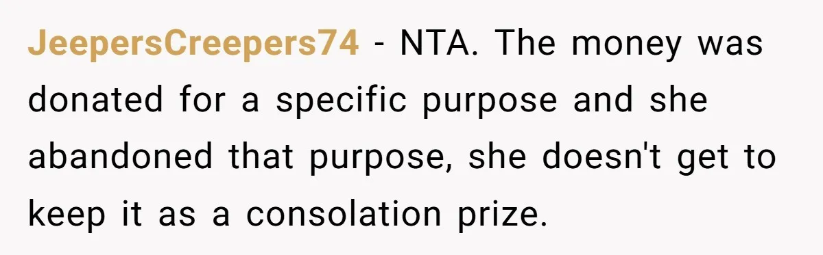 JeepersCreepers74 − NTA. The money was donated for a specific purpose and she abandoned that purpose, she doesn't get to keep it as a consolation prize.