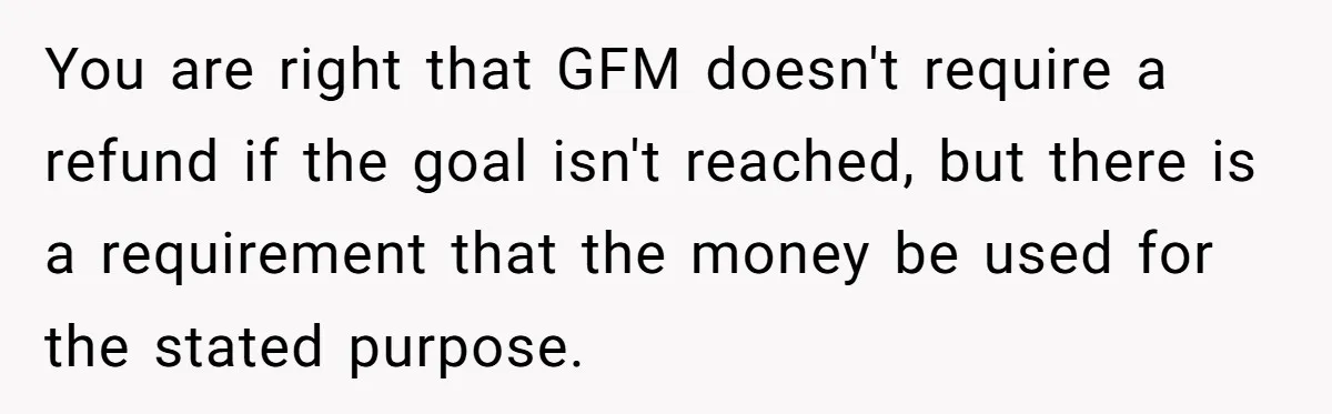 You are right that GFM doesn't require a refund if the goal isn't reached, but there is a requirement that the money be used for the stated purpose.