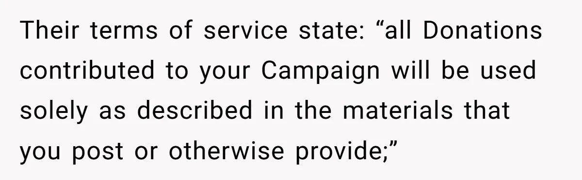 Their terms of service state: “all Donations contributed to your Campaign will be used solely as described in the materials that you post or otherwise provide;”