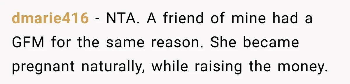 dmarie416 − NTA. A friend of mine had a GFM for the same reason. She became pregnant naturally, while raising the money.