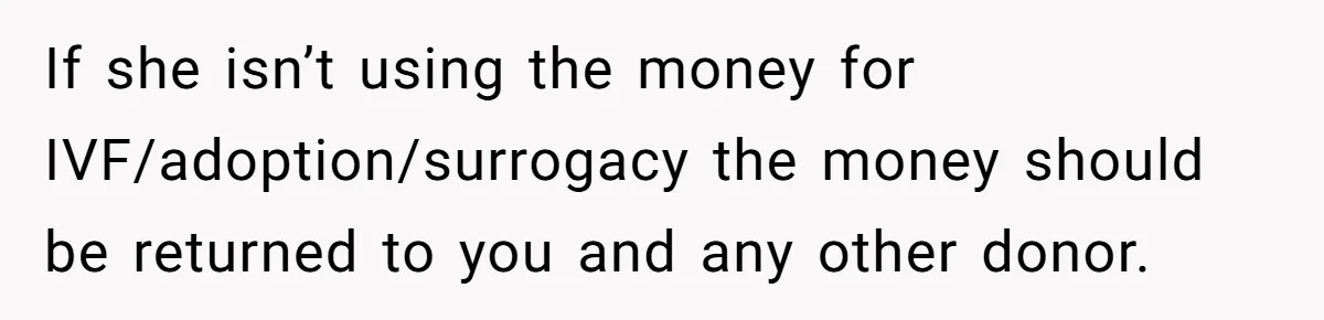If she isn’t using the money for IVF/adoption/surrogacy the money should be returned to you and any other donor.
