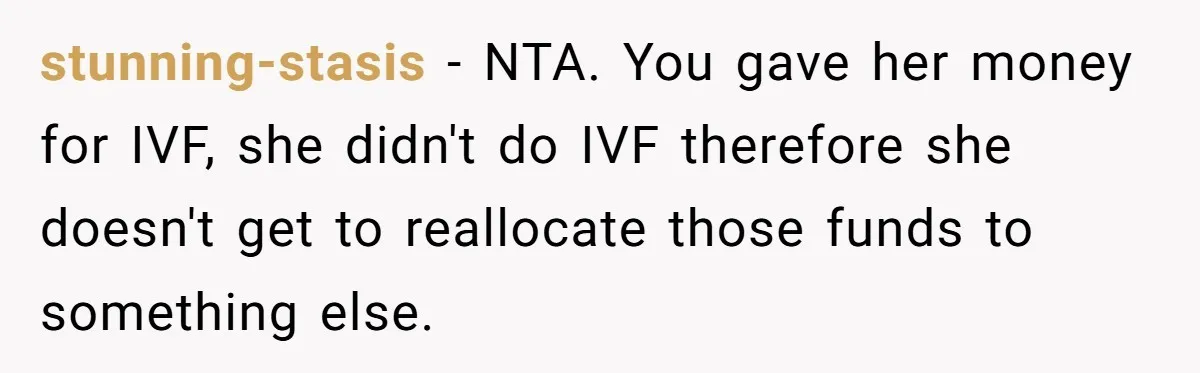 stunning-stasis − NTA. You gave her money for IVF, she didn't do IVF therefore she doesn't get to reallocate those funds to something else.