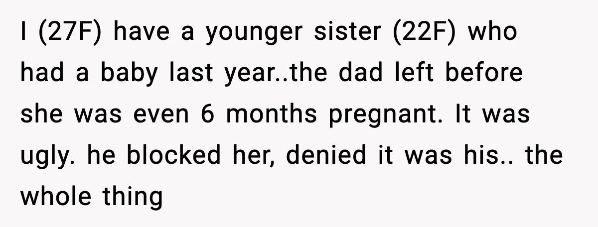 I (27F) have a younger sister (22F) who had a baby last year..the dad left before she was even 6 months pregnant. It was ugly. he blocked her, denied it...