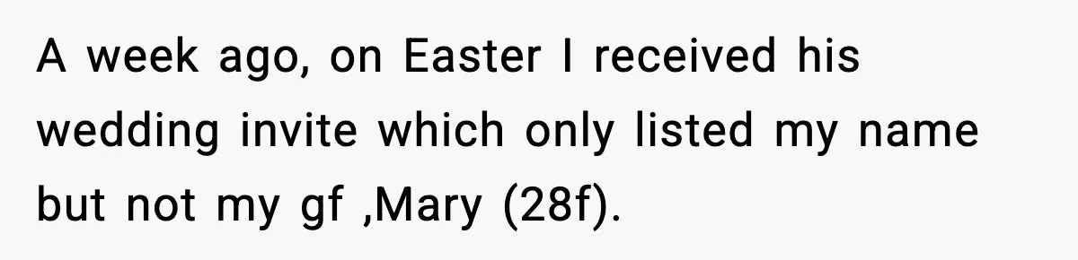 Man Refuses To Attend Best Friend’s Wedding After “No Ring, No Bring” Rule A week ago, on Easter I received his wedding invite which only listed my name but not my gf ,Mary (28f).