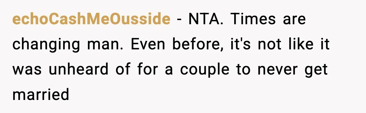 Man Refuses To Attend Best Friend’s Wedding After “No Ring, No Bring” Rule echoCashMeOusside − NTA. Times are changing man. Even before, it's not like it was unheard of for a couple to never get married